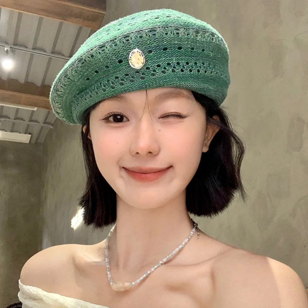 

Japanese Style Hollowed Out Beret Hat Vintage Fashionable Weave Painter Hat Thin Fresh Color Crochet Knitted Cap Women/Girls