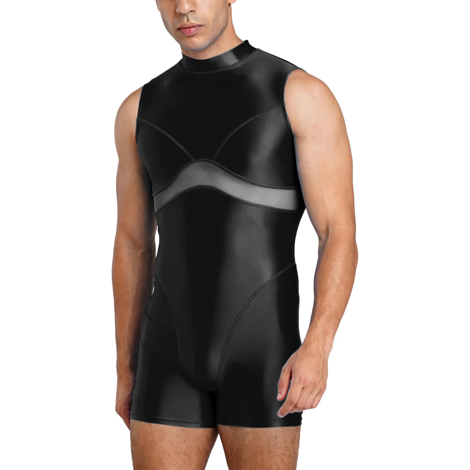 Herren-Badeanzug mit Rückenreißverschluss, Boxer-Unterteil, glänzend, transparent, Netz-Patchwork, Einteiler, Schwimmanzug