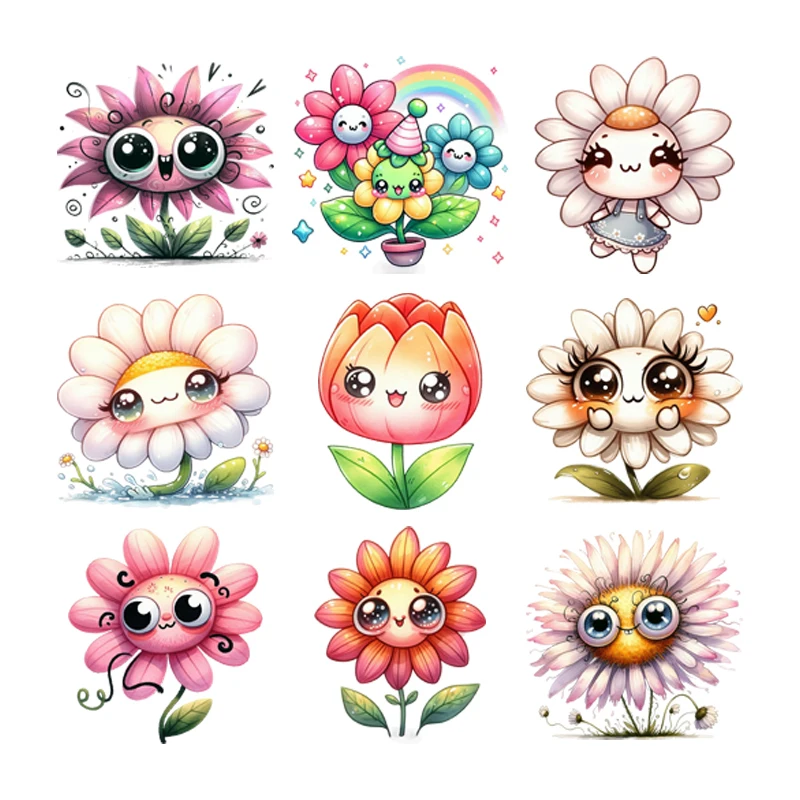 Cute expression cartoon designed flower kawaii iron on transfer for clothing dtf transfers ready to press Heat Transfer Printing