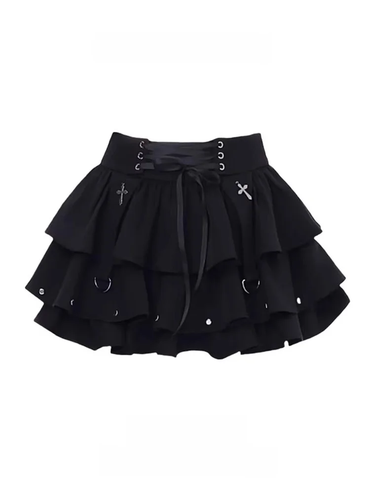 Black Bow-Tie Cake Skirt Women's Spring Autumn High Waist  Puffy Skirt Girls Commute Anti-Static Inner Lined Short Skirt