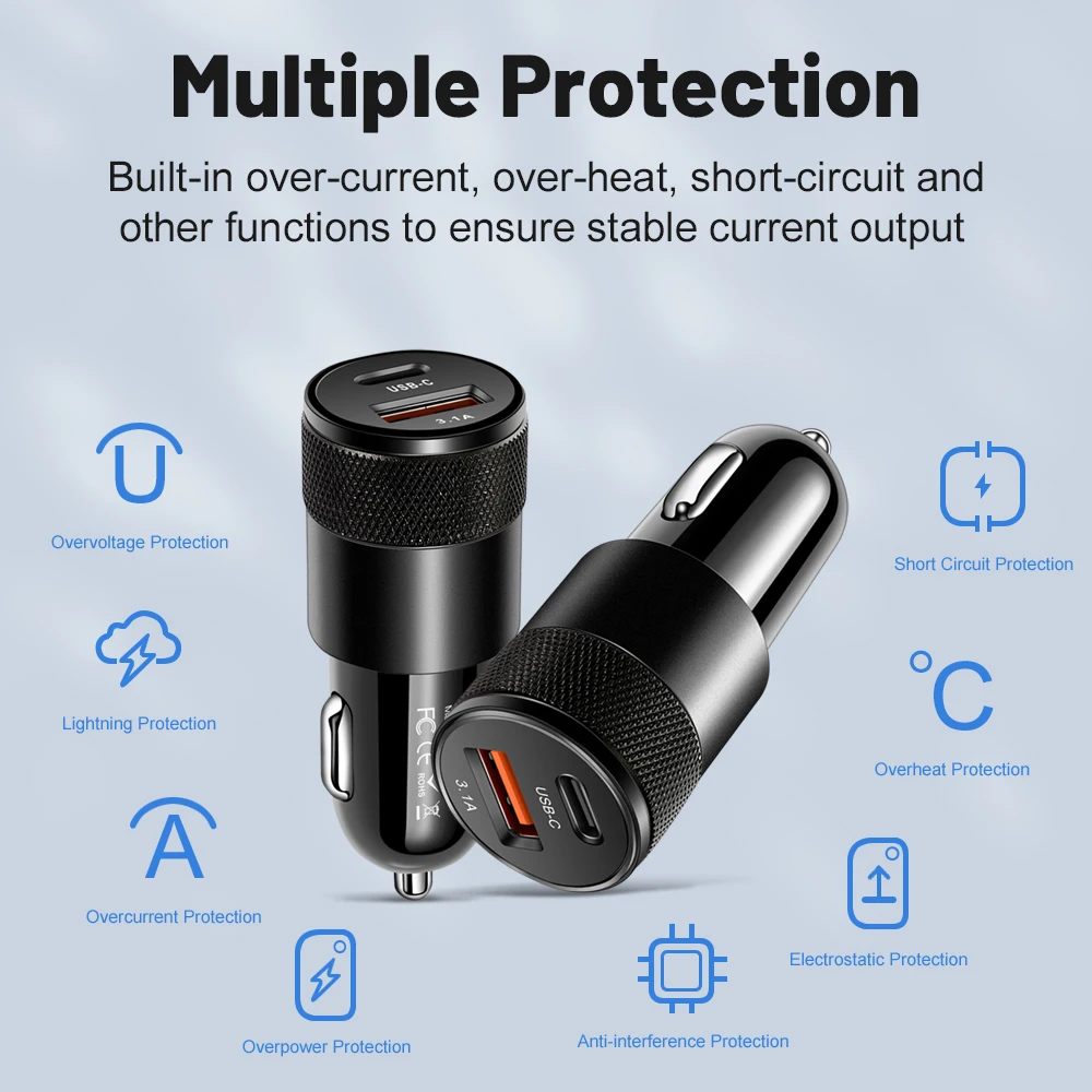 3.1A USB Car Charger Type C Fast Charging Phone Adapter For Xiaomi Huawei PD Phone Charger Adapter Socket Cigarette Lighter