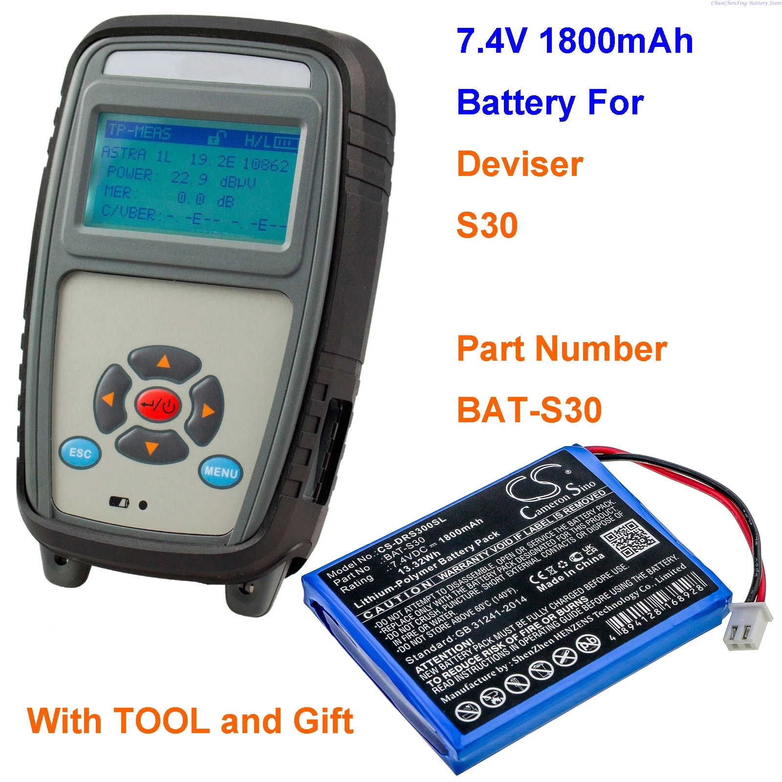 Cameron Sino 7.4V 1800mAh Replacement Battery BAT-S30 for Deviser S30 +TOOL 