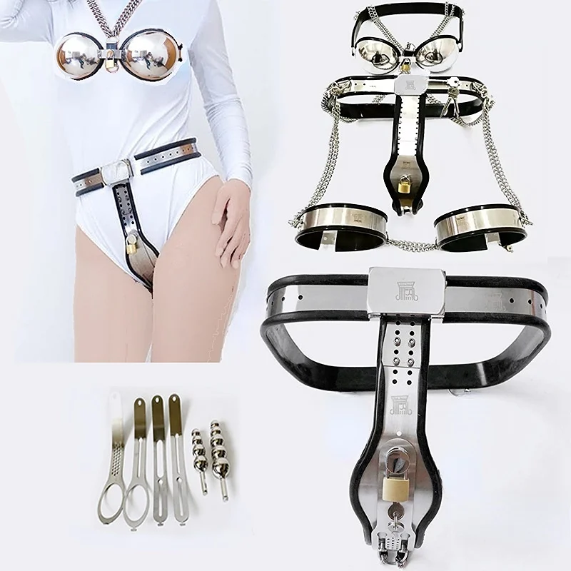 Stainless Steel Chastity Belt Set Neck Collar Bra Handcuffs Pant Thigh Ring BDSM Bondage Collar Bra Thigh Cuffs Adult Products