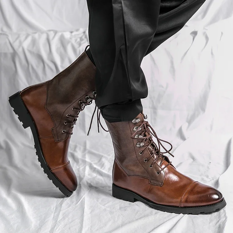 Ankle Boots for Men Brown Black Business Round Toe Lace-up Pu Mens Boots Size 38-48 Motorcycle Boots