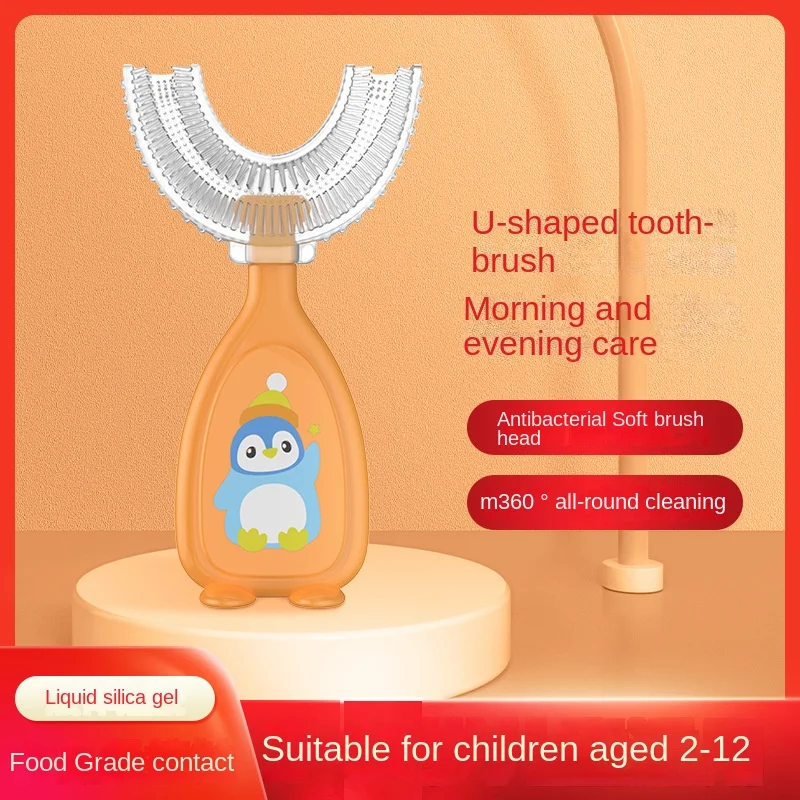 Kids U Shape Toothbrush 360 Penguin Silicone Teether Brush Food Grade Soft Infant Toddler Oral Cleaning Training Toothbrush