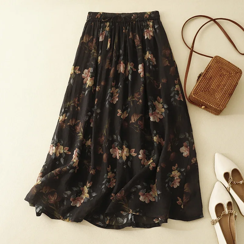 PopCotton And Linen Double-layer Printed High Waist Skirt Women's Summer New Retro Artistic Loose Lace-up Casual Long Skirt