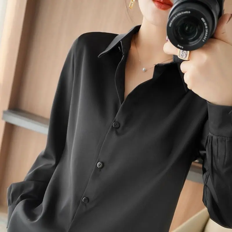 Office Lady Solid Color Long Sleeve Blouses Spring Autumn Turn-down Collar Patchwork Button High Gloss Satin Shirt for Women