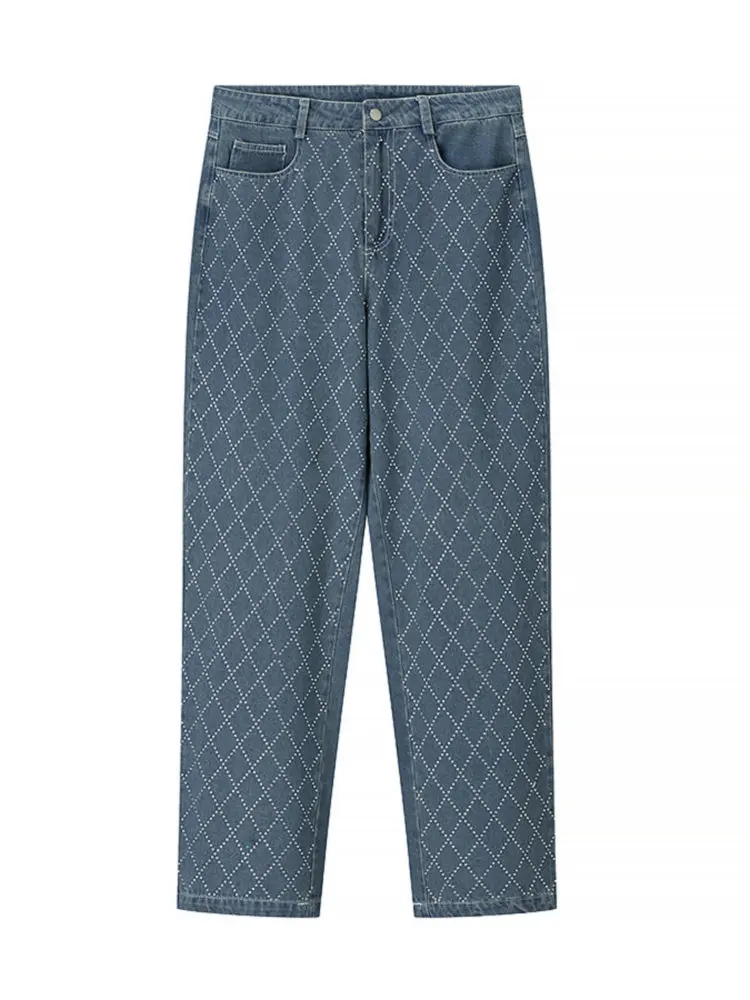 

2025 New Fashion Women's Vintage Designer Diamond Rivets Chic Pants Ladies Elegant High Waist Straight Baggy Blue Jeans Trousers