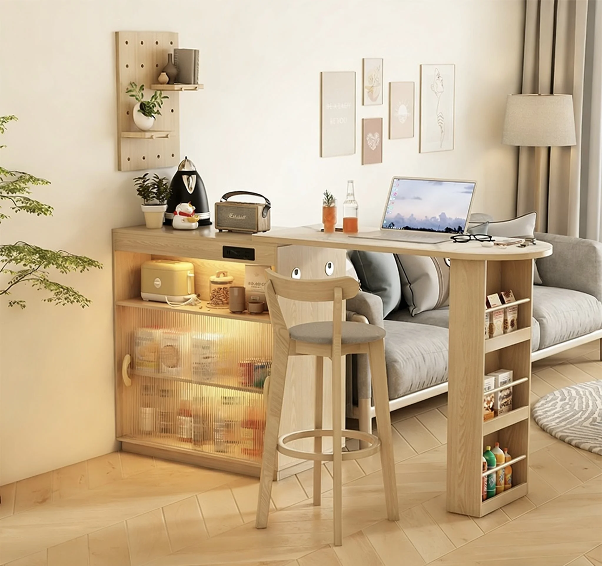 Multifunctional Solid Wood Adjustable Eco-Friendly Bar Table with Storage Cabinet Charging Port Sideboard Home Bar Desk
