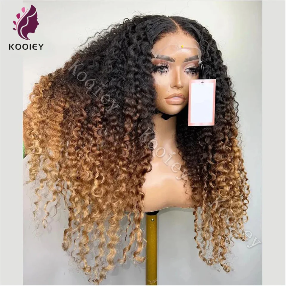 1b/27 Ombre Blonde Kibky Krullend 13x4/360 Kant Frontale diepe Golf Pruik Menselijk haar Pre Geplukt Zijden Top Kant Pruiken Babyhaar Rond