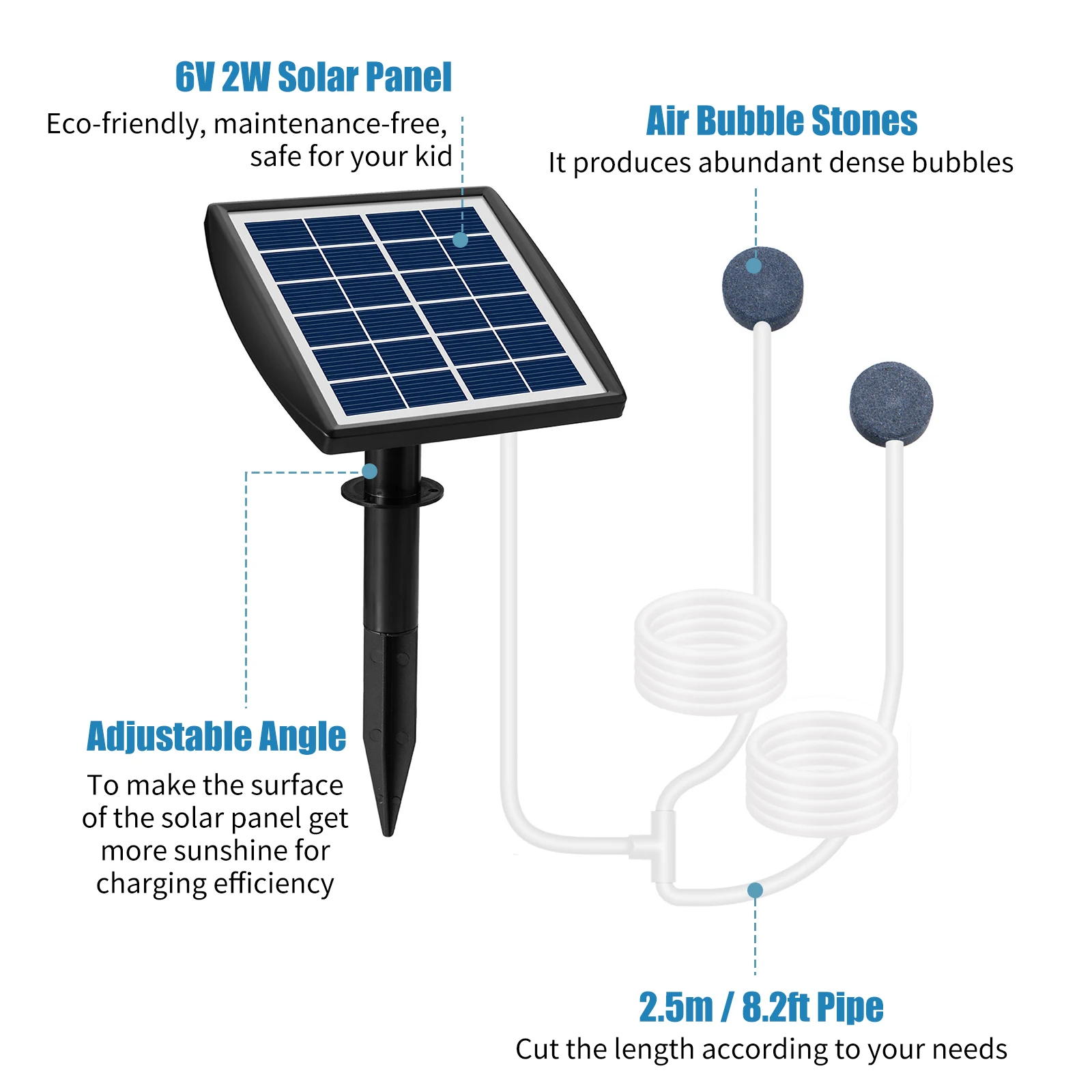 6V 2W Plug-in Solar Oxygen Pump with 8.2ft Pipe 2 Air Bubble Stones Fish Tank Oxygenator Aquarium Oxygen Aerator Air Pump