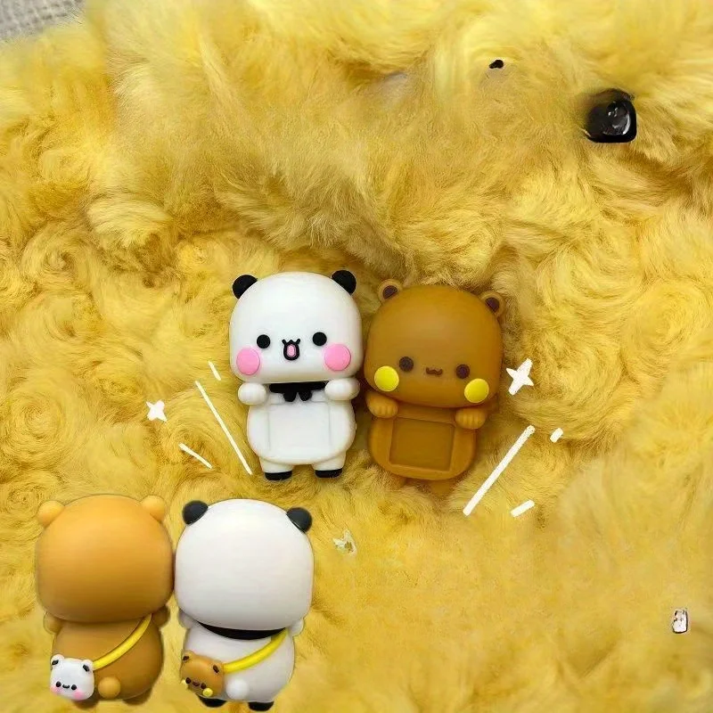 2pcs Cute Bear Panda Phone Charms PVC Mini Cartoon Figure Decor with Anti-Scratch Base for Smartphone Tablet Screen Decoration