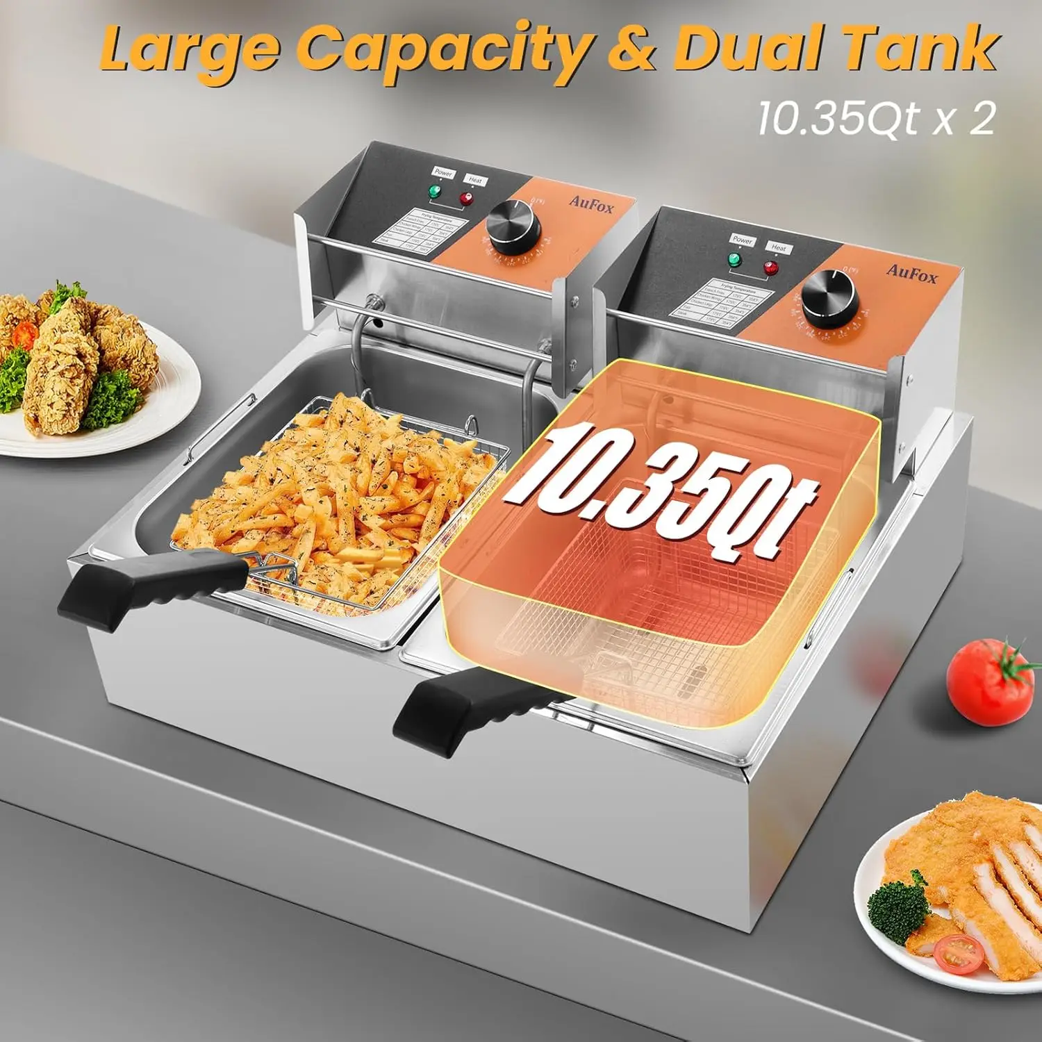

Commercial Deep Fryer 20.7Qt/20L Dual Tank Deep Fryers with Baskets 0.8mm Thickened Stainless Steel Electric Countertop Fryer