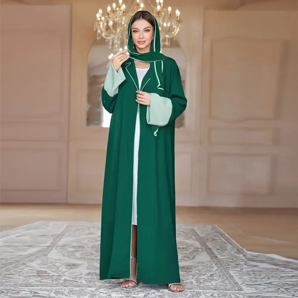 

Women Dress Green Abaya with Scarf Eid Muslim Long Sleeve Patch Designs Dubai Abayas Cardigan Arab Party Dress Long Robe