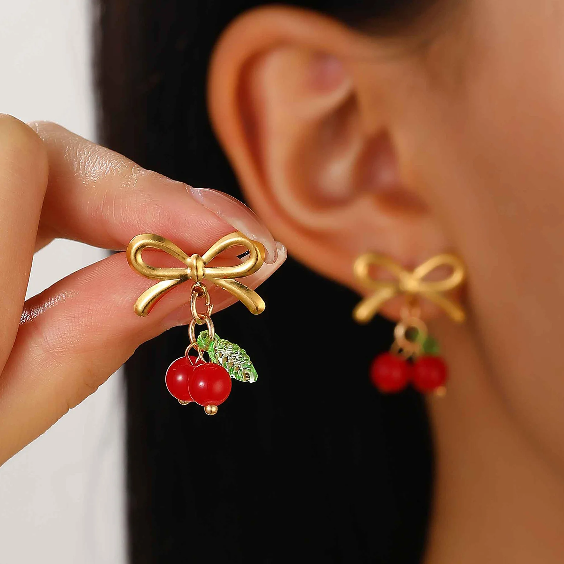 Fashion Ins Bow Cherry Pendant Ear Studs Trendy Colored Round Bead Earrings, Elegant Women's Countryside Style Jewelry