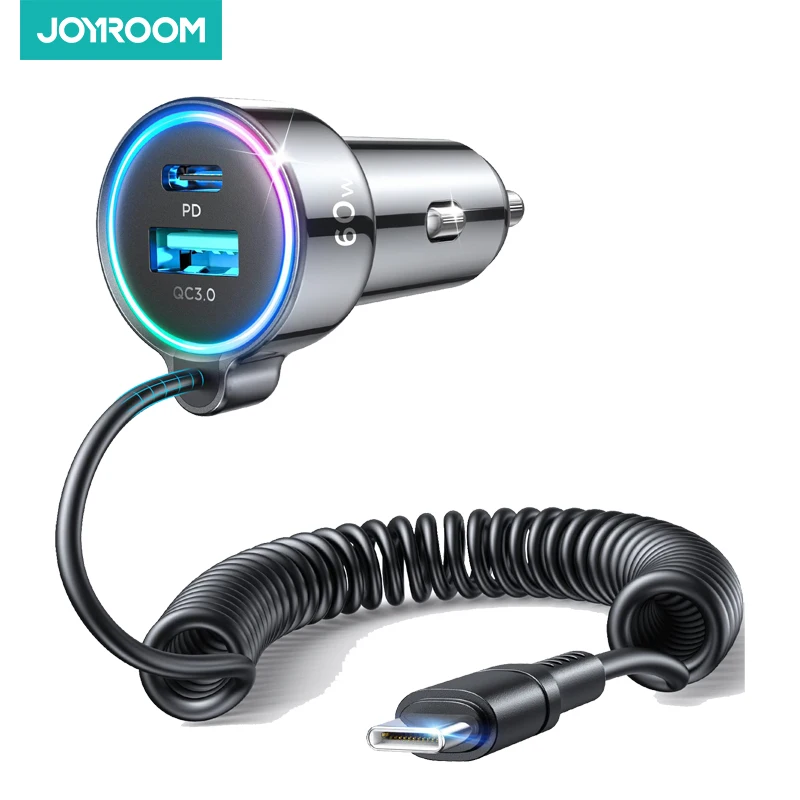 

Joyroom 3 Ports LED Car Charger USB TypeC 60W Universal Car Charger with 1.5m Extension Cable QC 3.0 PD 3.0 Fast Charger Adapter