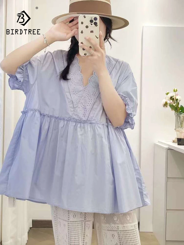 

New 2025 Summer Cotton Short Sleeve Shirt, Women V Neck Embroidery Patchwork, Mori Girl Retro Sweet Loose Doll Blouse T57882CC