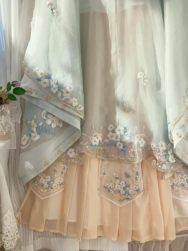 فستان Hanfu الصيني للنساء ، تطريز تقليدي ، تأثيري ، مقاس كبير ، أخضر ، الصيف ، 4 طقم ملابس