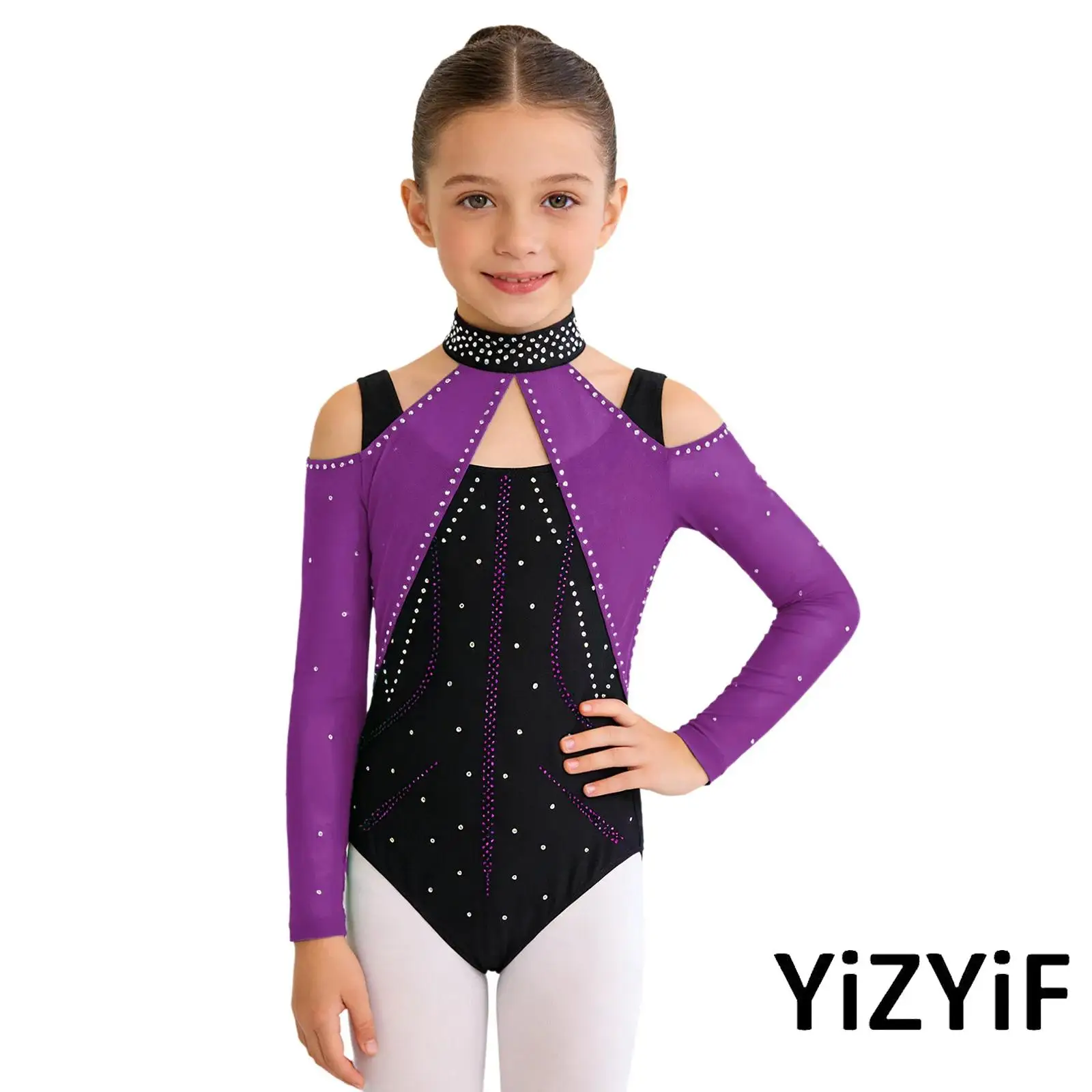

Girls Ballet Dance Leotard Cutout Mesh Patchwork Sparkling Rhinestones Color Block Bodysuit for Gymnastics Figure Skating Dance