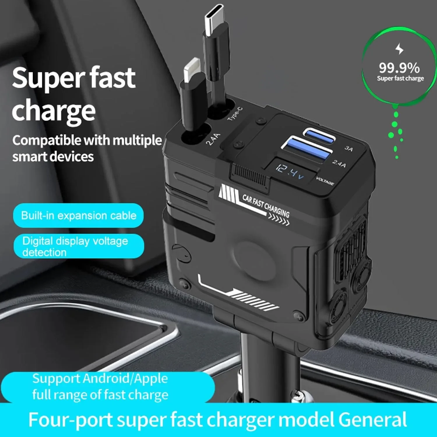 Retractable Car Charger - 4 in 1 Fast Car Phone Charger 120W USB C Car Adapter Compatible with iPhone 15/14/13/, Galaxy, Pixel