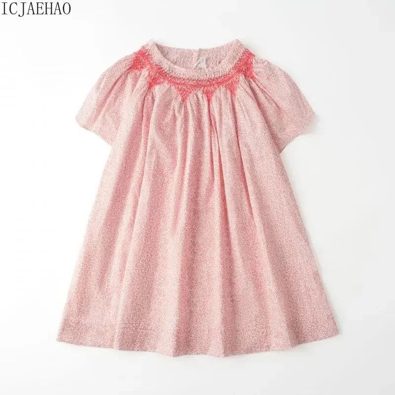 2025 Vintage Summer Dress For Baby Girls Kids Smocked A-Line Casual Loose One-Piece Dresses Children Floral Embroidery Clothing