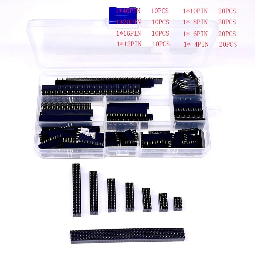 120pcs 8 sizes Aluminium alloy 2.54mm single row pin socket connector Single row female PCB board combination kit 40/16/12/8/6p