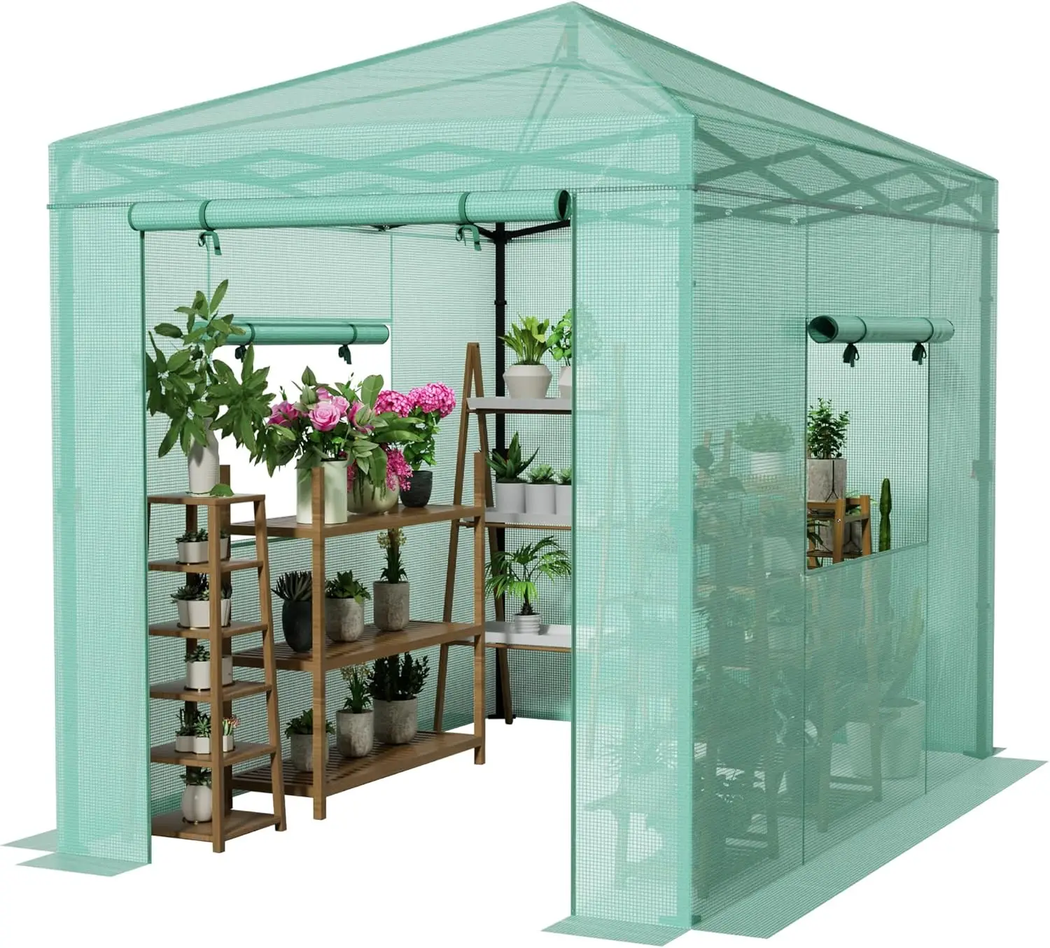 

8x6 FT Portable Pop-up Greenhouse with Center Lock, PE Cover, Zippered Door and 2 Roll-up Windows, Easy Assemble(Green)