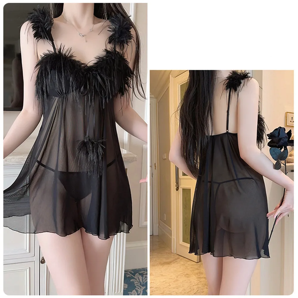 Elegant Female Nighty&Robe Set Mesh Bathrobe Nightgown Sexy Fur Applique Nightdress Sleepwear Summer Home Wear