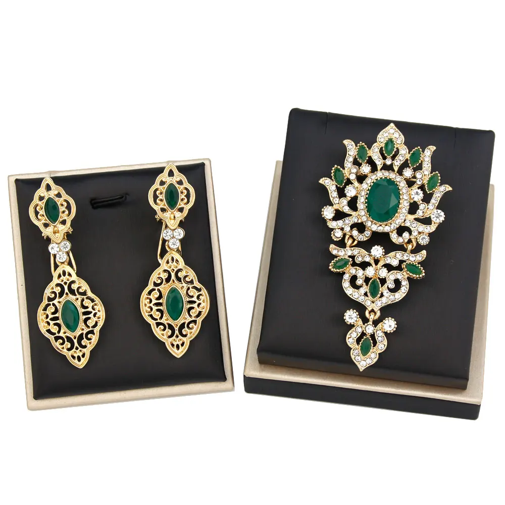 Sunspicems Fashion  Morocco Jewelry Earring Brooch Sets For Women Gold Color Arabic Caftan Brooch Bride Earring Wedding Jewelry