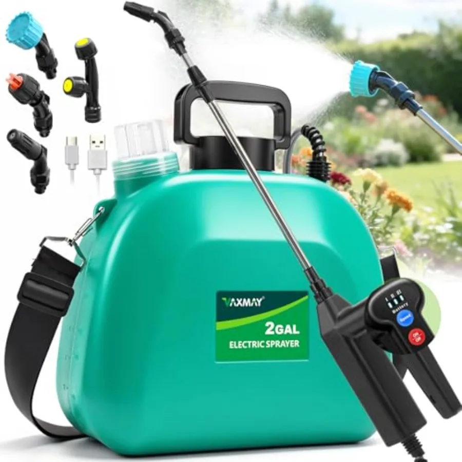 

Battery Powered Sprayer 2 Gallon Upgrade Electric Garden Sprayer with 3 Adjustable Speed Battery Indicator 4 Mist Nozzles Recha