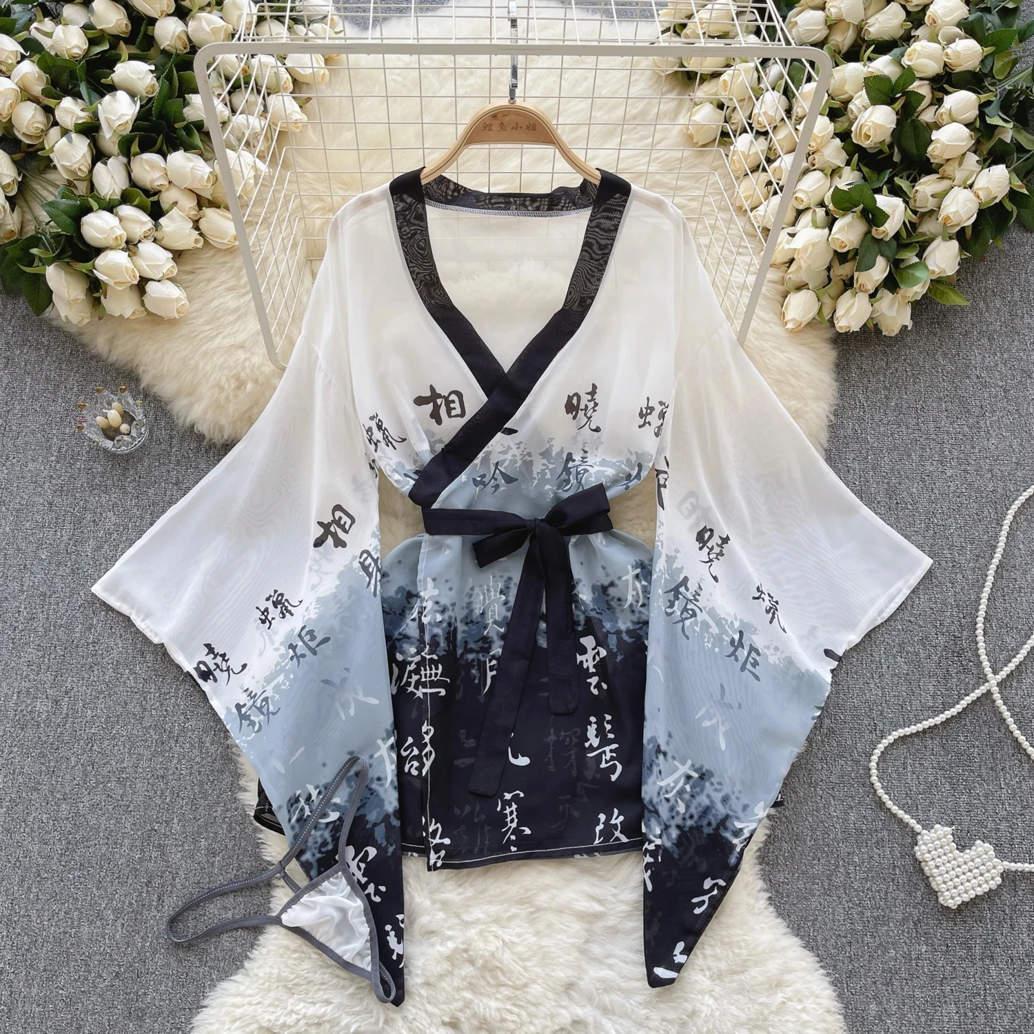 Sexy Kimono Chinese Characters Print Slightly Transparent One Piece Bathrobe Loose Sleeves Causal Dress Erotic Slim Pajamas