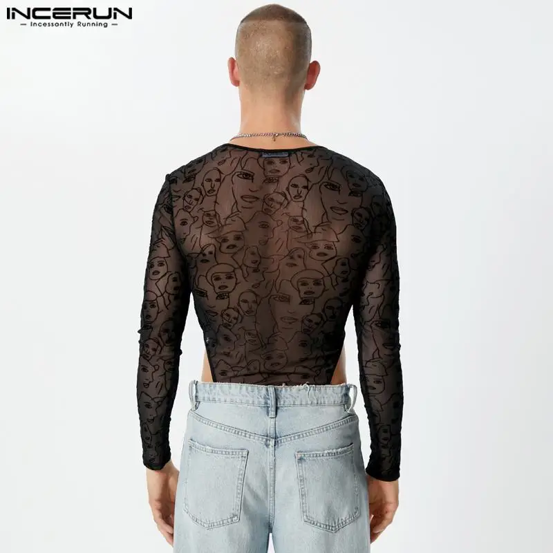 INCERUN 2023 Sexy New Mens Bodysuits Stylish See-through Jacquard Abstract Face Rompers Leisure Thin Long Sleeve Jumpsuits S-3XL