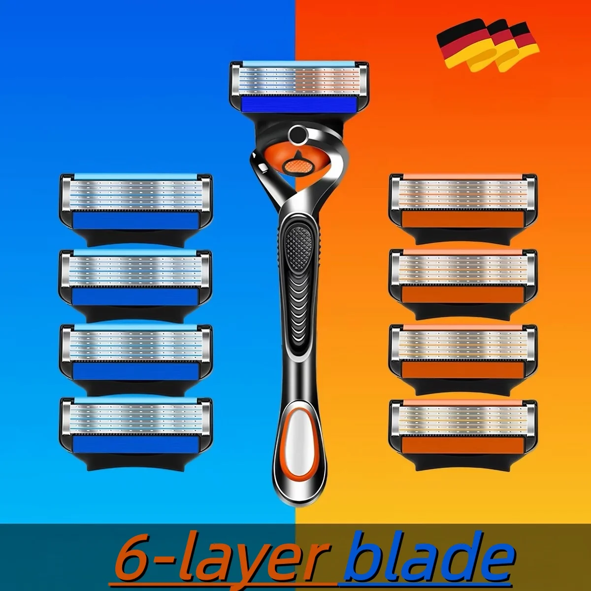Men's 6-Layer Stainless Steel Replaceable Razor Blades, Classic T-Type Safety Blade Replacement Heads, Orange Multi-Pack Suitabl