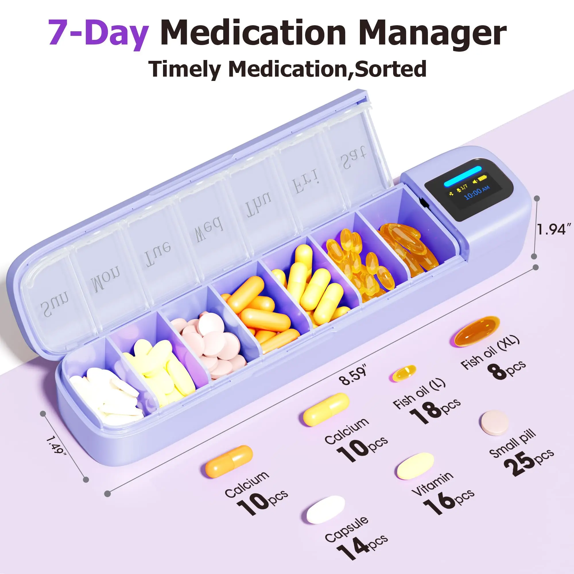 Purple Daviky Pill Box 7 Day with APP & Alarm, Smart Automatic Pill Dispenser, Elderly Friendly Pill Reminder