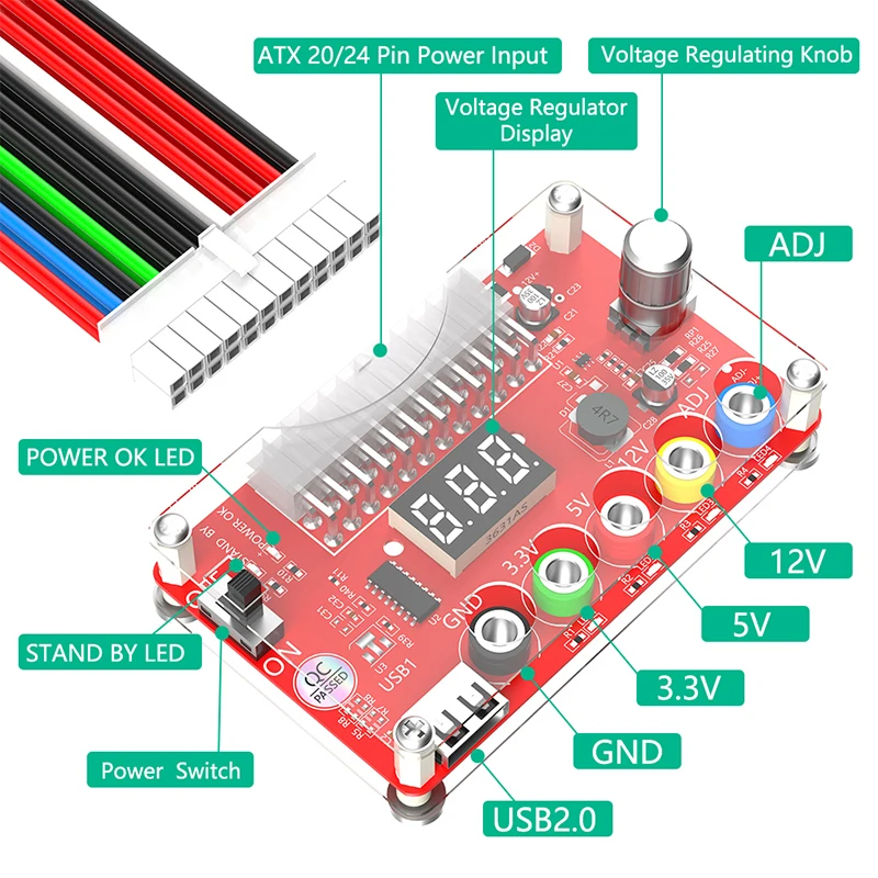 ATX Power Supply Splitter, Breakout Board, Módulo Adaptador, Display LED, Acrílico Case Kit, Botão de tensão ADJ, Reset Proteção, 24Pin, Novo