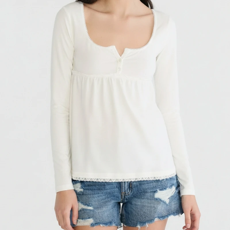 Women's Y2k Half Button-down Square Neck Babydoll Tops Long Sleeve Solid Color Ruffled Lace Trim Hem Patchwork Slim Shirts