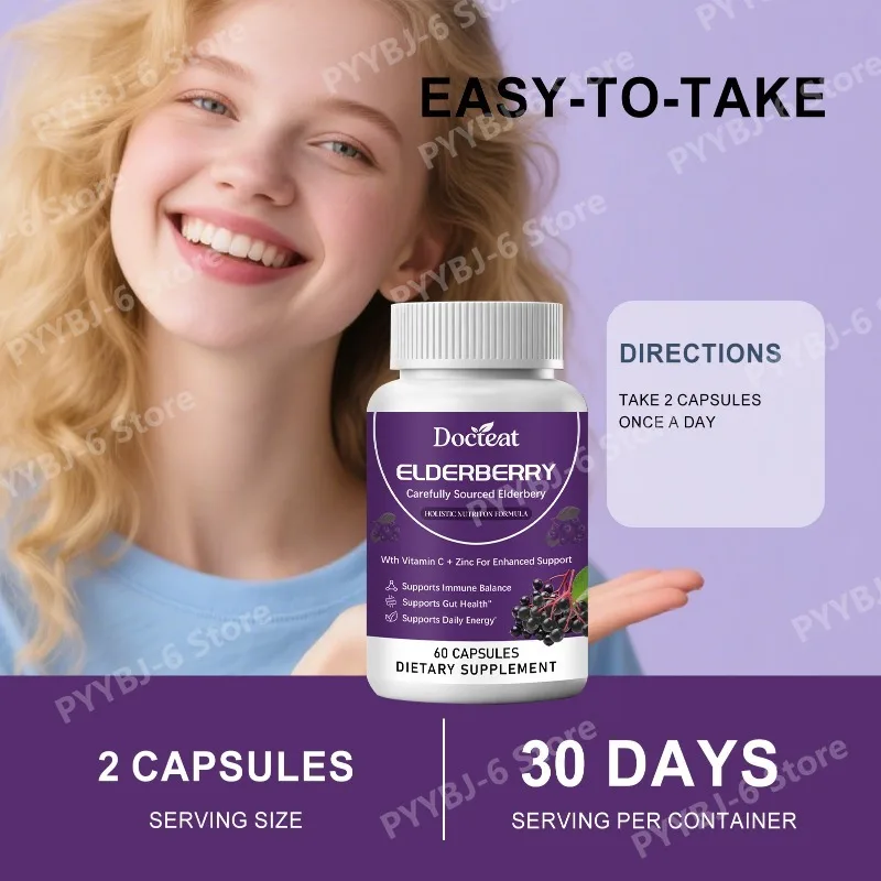 Elderberry Capsules Daily Balance Wellness Support Formula Immune Aid Vegetarian Dietary Supplement 60 Count for Adult Use