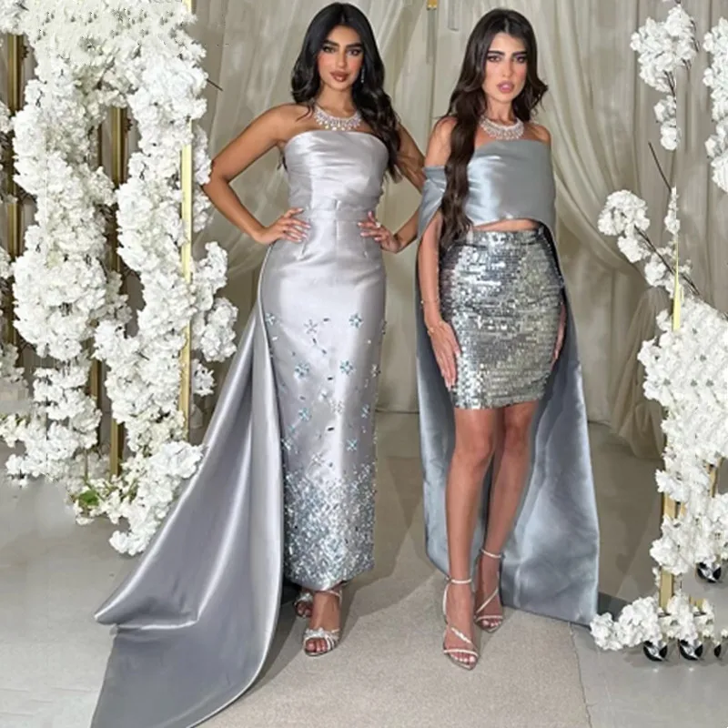 Aleeshuo Elegant Mermaid Satin Prom Dress Sleeveless Sexy Strapless Saudi Arabia Beaded Crystal Paty Dress  فساتين مناسبة رسمية