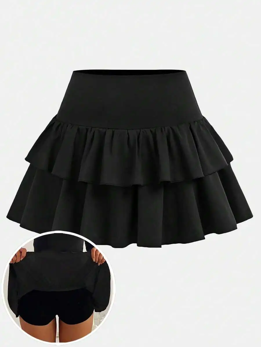 

Black Layered Ruffle Hem Skirt with Built-in Shorts, Casual A-Line Mini