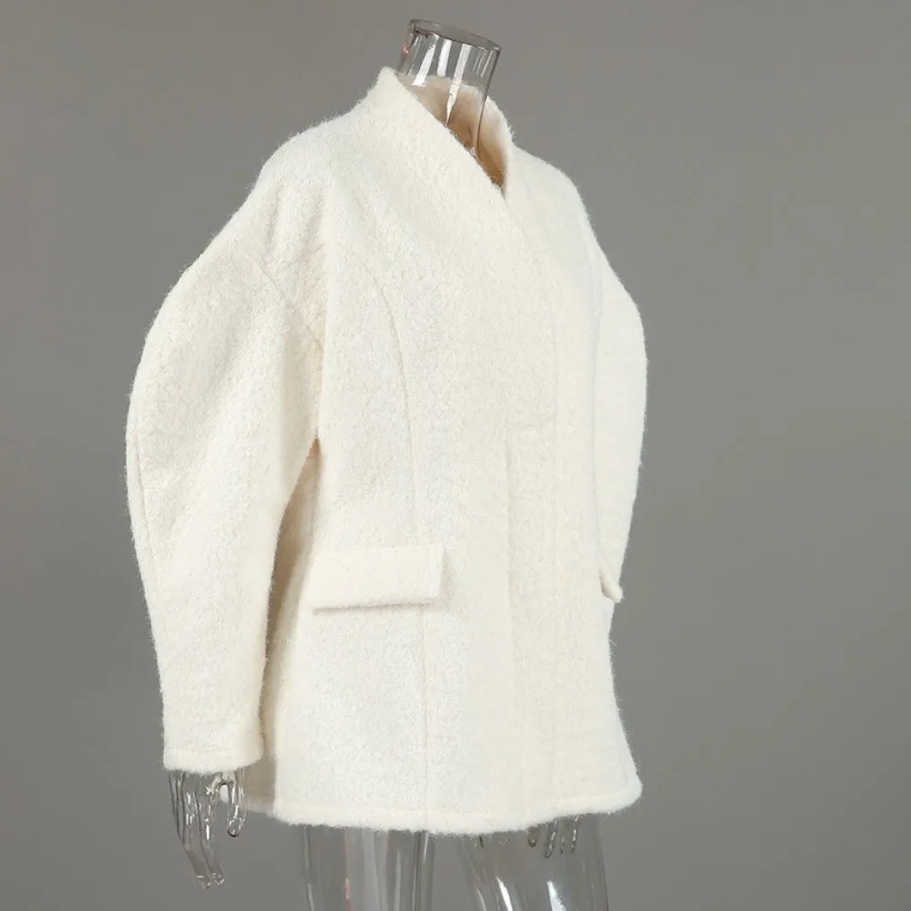 Short Length Women Short Wool Coat Fitted Waist Bubble Sleeve Wrap Neck Overcoat Bubble Sleeve Outerwear Daily Street Wear