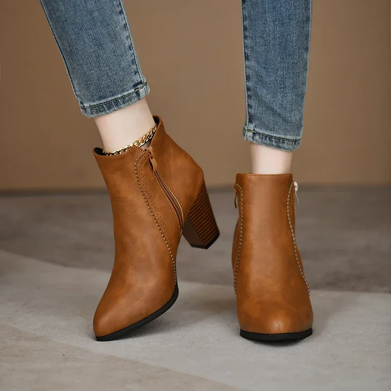 Vintage Pointed Toe Women Ankle Boot Fashion Thick Heels Short Booties 2025 New Ladies Largas Booties