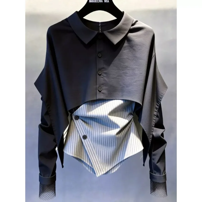 High-end Sense of Simple and Thin Meat-covering Foreign-style Shirt Women's Autumn New Versatile Striped Splicing Design Top