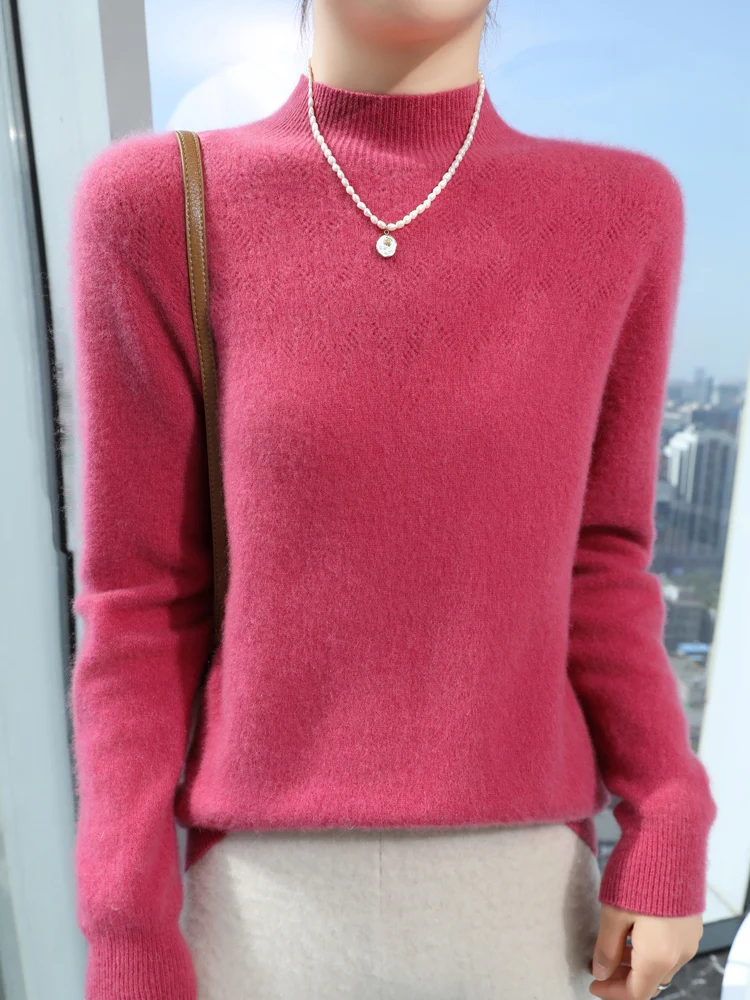 Autumn Winter Merino Wool Sweater Women Cashmere Half-high Collar Pullover Hollowed Jacquard Knitwear Female Bottoming Clothes