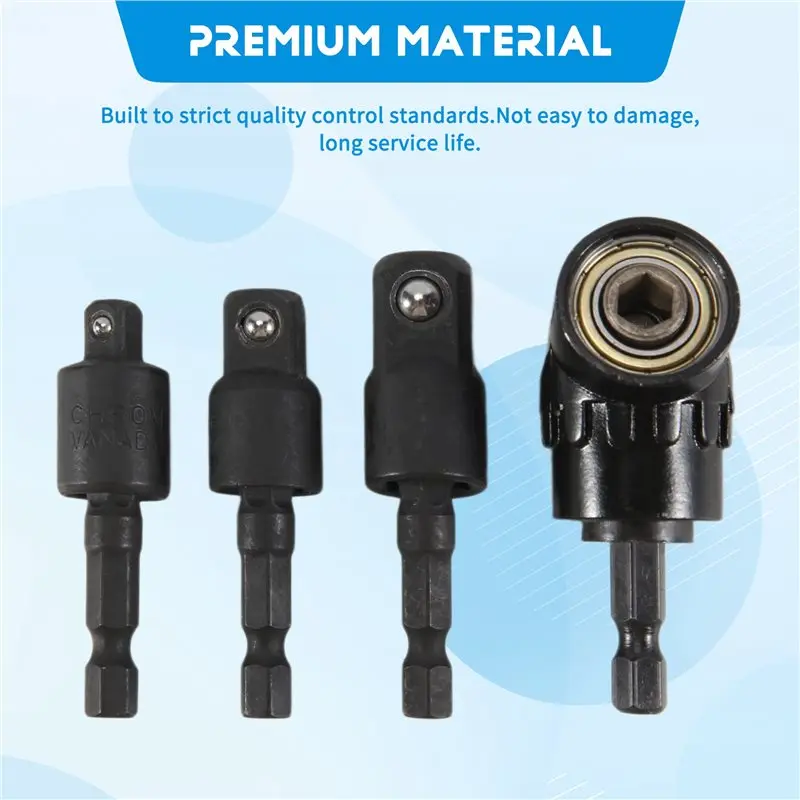 ABGG-Right Angle Drill Adaptor 4-In-1 Impact Drill Bit Extension Black Metal 1/4 3/8 1/2In Impact Grade Socket Adapter Set