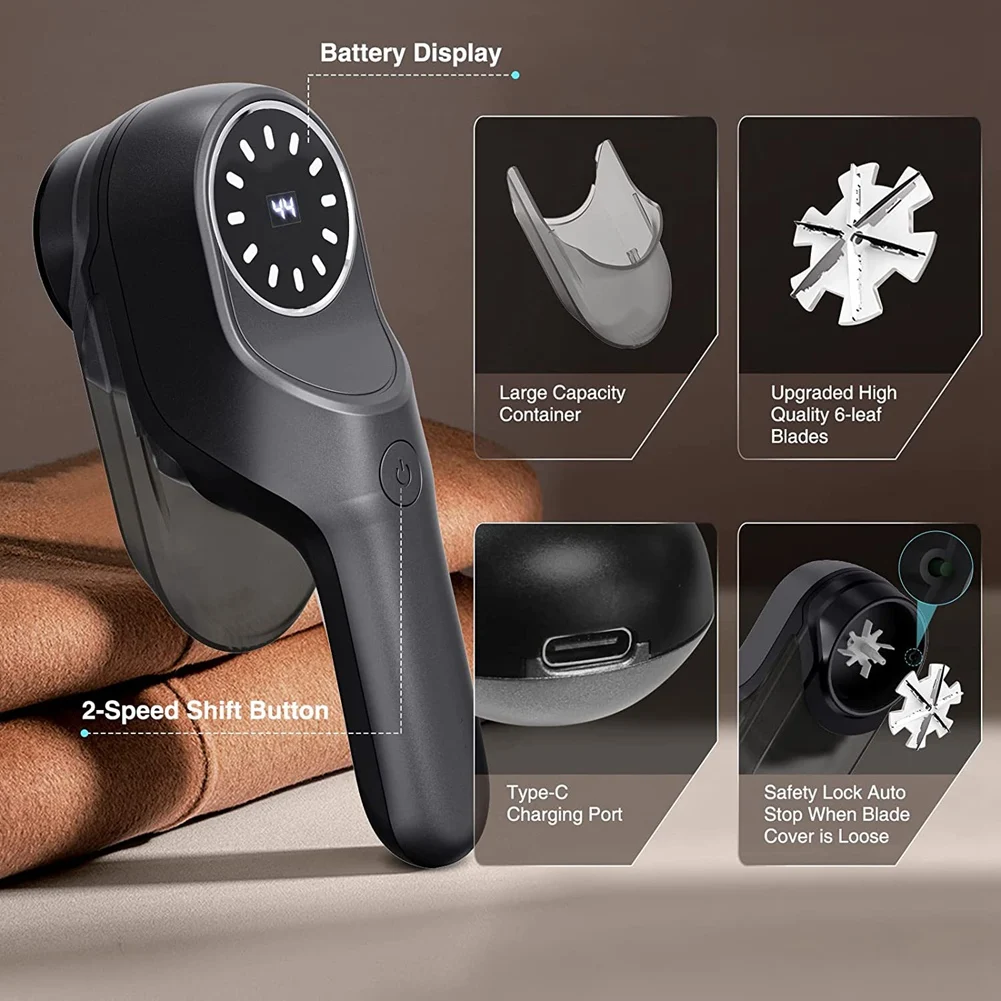 Barbeador de tecido elétrico, removedor de fiapos com 2 lâminas extras, display digital LED, removedor de bobble para roupas, 2 velocidades