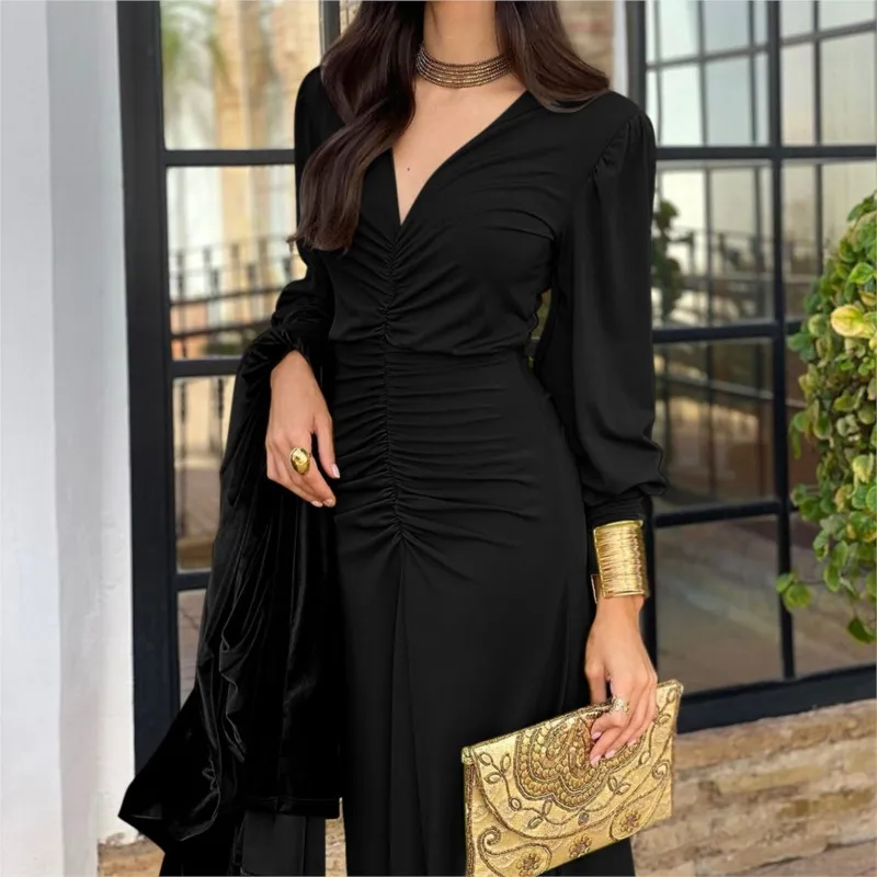 Sukienki damskie z długim rękawem, jednolite, seksowne sukienki z dekoltem w serek, codzienne długie sukienki, eleganckie sukienki na imprezę.