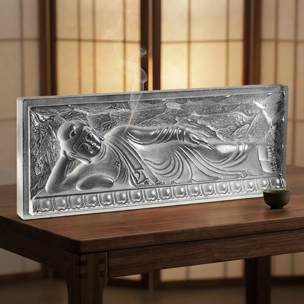 *&r AHandmade Reclining Buddha Crystal Altar Panel Glass Craftsmanship Lost-Wax Process Rectangle Jiangsu Ornament Family