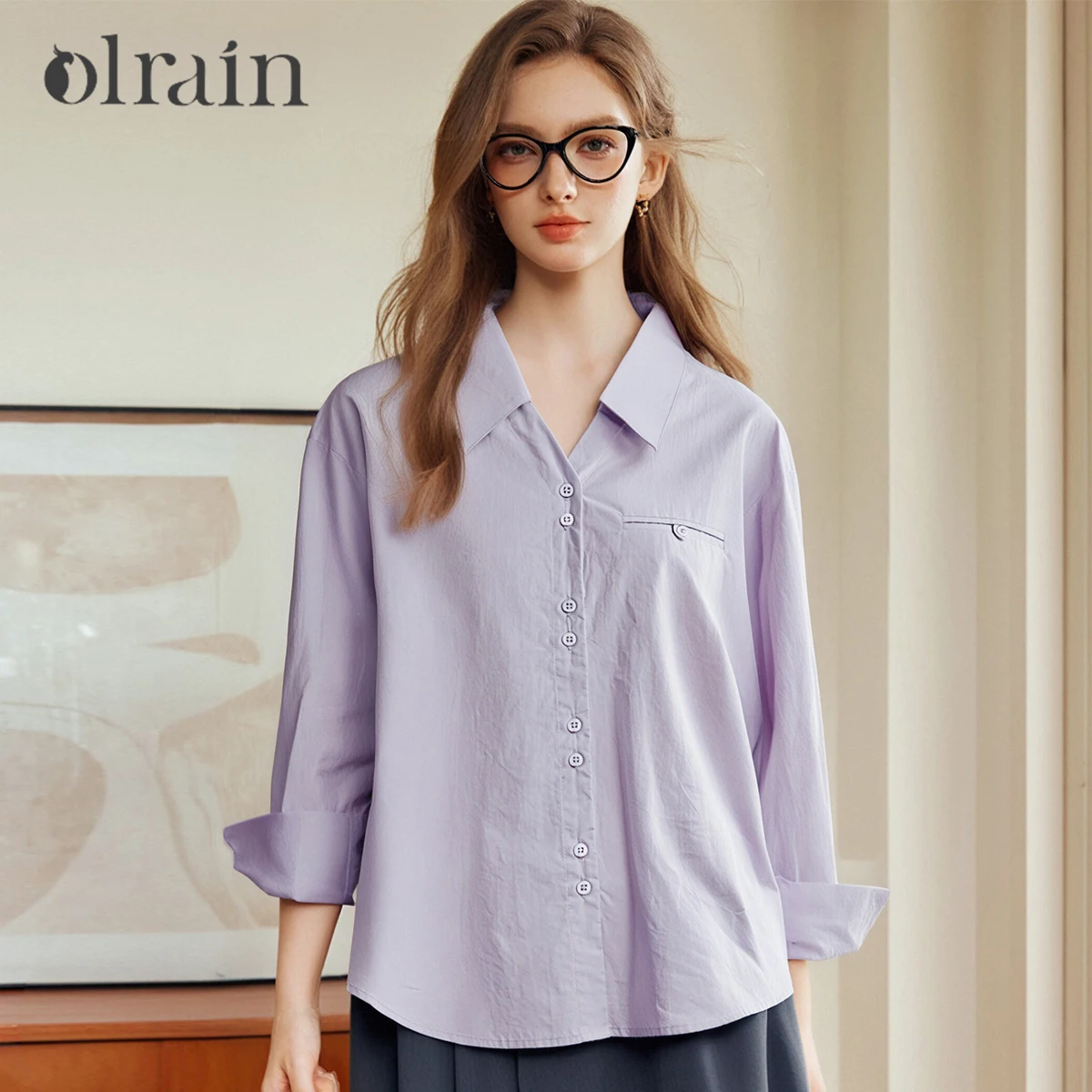 

OLrain Women's Cotton Shirt Long Sleeve Loose-fit Turn-down Collar Shirt 2025 Autumn Solid Tops Women's Clothing O57QC000333