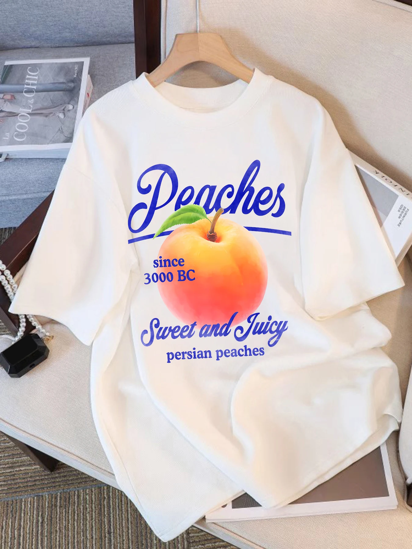 

Peaches Since 3000 Bc Sweet And Juicy Design Woman T Shirts Trendy Breathable T-Shirt O-Neck Soft Tees Cotton Loose Clothes