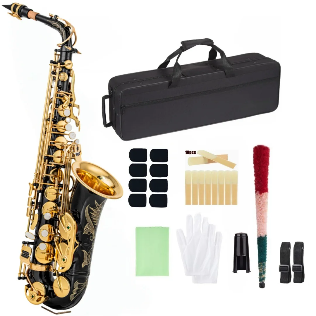 Alto Saxophone E Flat, Black Gold Keys Brass Instrument for Beginners, Professional Sound Quality